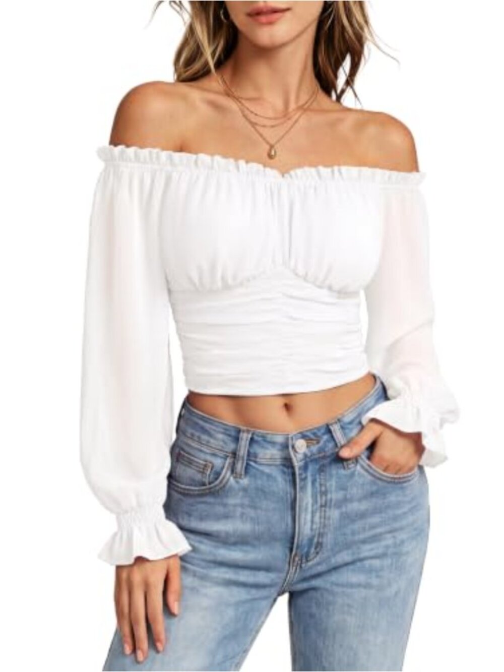 Chiffon Off Shoulder Crop Top Ruched Long Sleeve Blouse